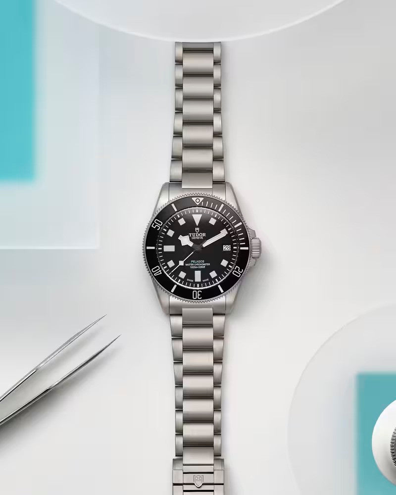 Titanium case back of the Tudor Pelagos FXD showing the fabric strap with self-gripping fastener system and 200m water resistance.